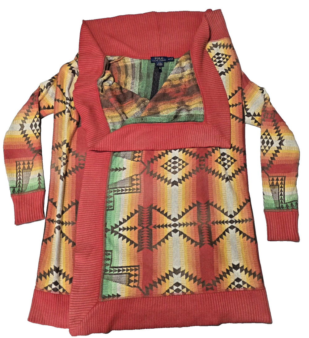VTG Polo Ralph Lauren Long Draped Open Cardigan Sweater Aztec Southwestern XS/S